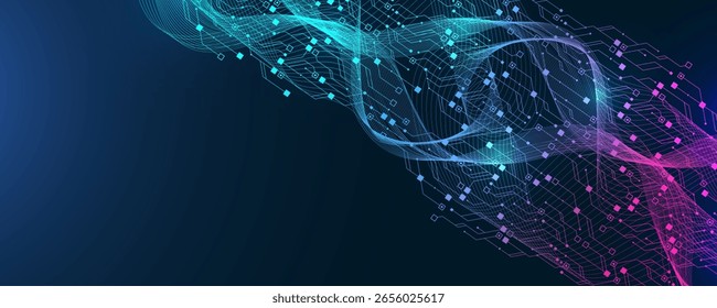 Modern technology circuit board texture background design. Quantum computer technologies concepts, large data processing. Futuristic blue circuit board background. Minimal vector motherboard.