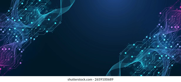 Modern technology circuit board texture background design. Quantum computer technologies concepts, large data processing. Futuristic blue circuit board background. Minimal vector motherboard
