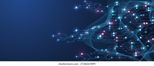 Diseño de fondo de textura de placa de circuito de tecnología moderna. Conceptos de tecnologías de computación cuántica, procesamiento de datos Grande. Fondo de placa de circuito azul futurista. Placa base de Vector mínimo