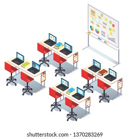 Modern technology class room with desks, chairs, whiteboard & laptops. Business university lecture hall furniture. Business training or seminar classroom. Flat isometric pseudo 3d vector illustration