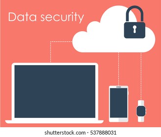 Modern technology cloud and data security. Smart phone, laptop and watch connected to a cloud storage with lock. Flat vector illustration