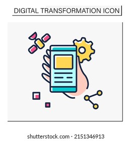 Modern technology color icon. Information on smartphones. Sharing information to people. Digital transformation concept. Isolated vector illustration