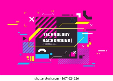 Modern technology colorful background. Abstract high tech banner with place for text. Digital screen with HUD elements. Futuristic glitch illustration. Use for t-shirt design, club poster.