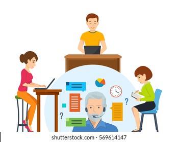 Modern technology and communication among young people, the work of the devices, contact technical support for help. Vector illustration. Can be used in banner, mobile app.