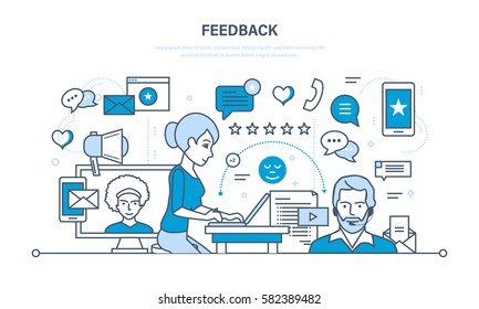 Modern technology, communications, technical support and feedback, resolving issues, analysis and evaluation. Illustration thin line design of vector doodles, infographics elements.