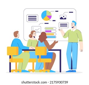 Modern technology concept. People watch presentation on hologram in classroom. Interface for study and analyze data. Cartoon flat vector illustration