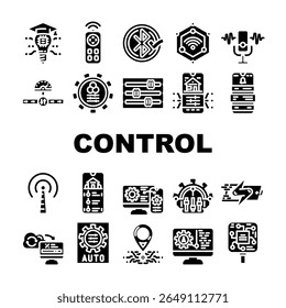 tecnologia moderna control produto ícones conjunto vetor. ai, automação cibersegurança, iot, análise de robótica, nuvem, software, hardware tecnologia moderna control produto glifo pictograma Ilustrações
