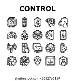 modern technology control product icons set vector. ai, automation blockchain, cybersecurity, iot, robotics analytics, cloud, software modern technology control product black contour illustrations