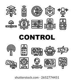 moderne Technologie-Steuerung Produkt-Icons setzen Vektor. ai, Automatisierung cybersecurity, iot, robotics analytik, cloud, software, hardware moderne technologie kontrolle produkt schwarz kontur illustrationen