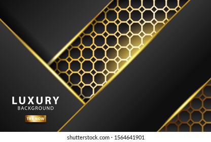 modern technology dark abstract background with gold line and golden rays, overlap layer in paper effect on textured gold hexagon background.digital template,vector illustration.