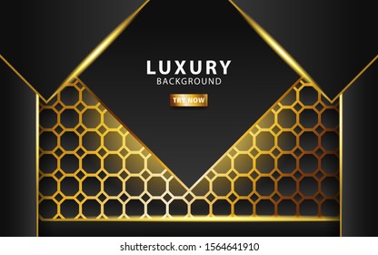 modern technology dark abstract background with gold line and golden rays, overlap layer in paper effect on textured gold hexagon background.digital template,vector illustration.