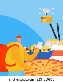 Modern technology delivery drone fast food pizza poster, foodstuff shipment express flat vector illustration, isolated on white.