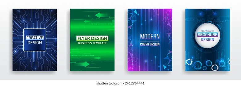 Modern technology design for posters. Futuristic background for flyer, brochure. Scientific cover template for presentation, banner. Set of high-tech covers for marketing.