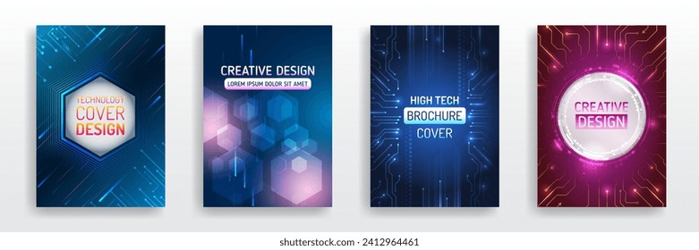 Modern technology design for posters. Futuristic background for flyer, brochure. Scientific cover template for presentation, banner. Set of high-tech covers for marketing.