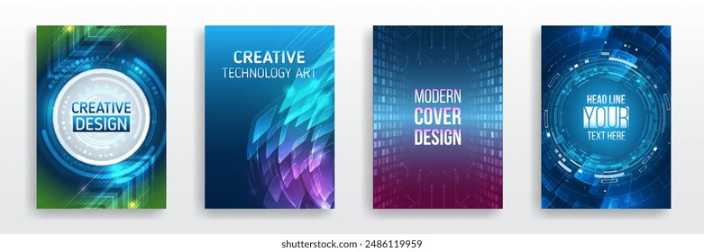 Modern technology design for posters. Futuristic background for flyer, brochure. Scientific cover template for presentation, banner. Page layout set for sci-fi. Set of high-tech covers for marketing.