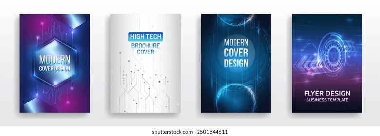 Modern technology design for posters. Futuristic background for flyer, brochure. Scientific cover template for presentation, banner. Page layout set for sci-fi. Set of high-tech covers for marketing.