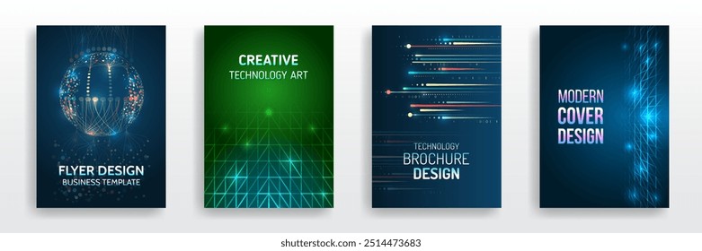 Modern technology design for posters. Futuristic background for flyer, brochure. Scientific cover template for presentation, banner. Page layout set for sci-fi. Set of high-tech covers for marketing.