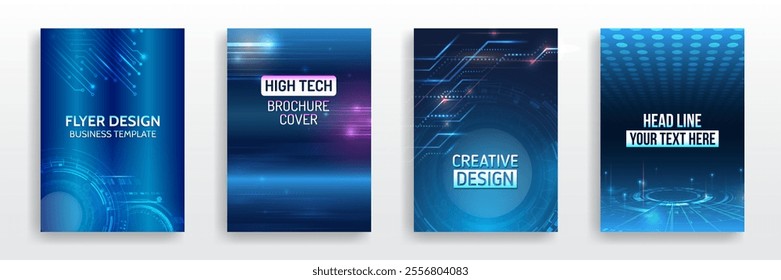 Modern technology design for posters. Futuristic background for flyer, brochure. Scientific cover template for presentation, banner. Page layout set for sci-fi. Set of high-tech covers for marketing.