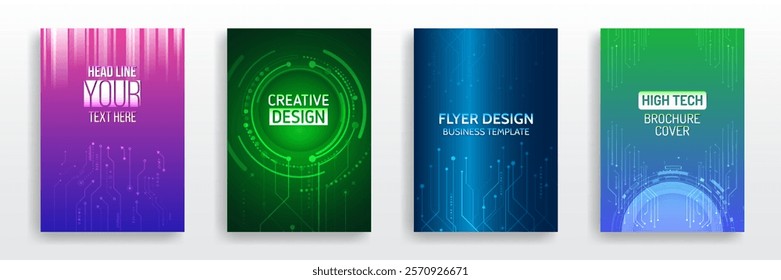 Modern technology design for posters. Futuristic background for flyer, brochure. Scientific cover template for presentation, banner. Page layout set for sci-fi. Set of high-tech covers for marketing.