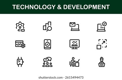 Modern Technology and Development Icon Set Vector Illustration. Featuring Essential Symbols for Coding, Apps, and Digital Innovations