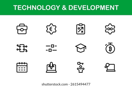 Modern Technology and Development Icon Set Vector Illustration. Featuring Essential Symbols for Coding, Apps, and Digital Innovations