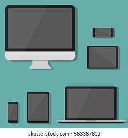 Modern technology device in a flat design. Monitor, laptop, tablet, smartphone