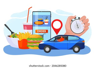 Modern technology device, online order food fast delivery service, concept smartphone application flat vector illustration, isolated on white.