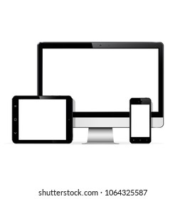 Modern technology devices - computer monitor, digital tablet and mobile phone with blank screen mockup