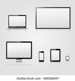 Modern technology devices - lcd tv screen, computer monitor, laptop, digital tablet, smart watch and mobile phone with blank screen