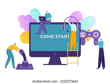Modern technology digital gadget entertainment, tiny people together play video game flat vector illustration, isolated on white.