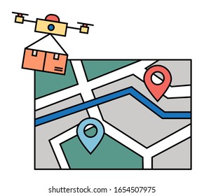 Modern technology, drone delivering parcel, air transportation vector. Quadrocopter carrying box or parcel, post and mail, shipping postage service. Flying digital device, send or receive illustration