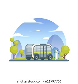 Modern technology ecological concept with charging electric car of futuristic design on nature mountain landscape vector illustration