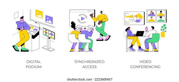 Modern technology in education isolated cartoon vector illustrations set. Digital podium in virtual class, data visualization, synchronized access to smart class, video conference vector cartoon.