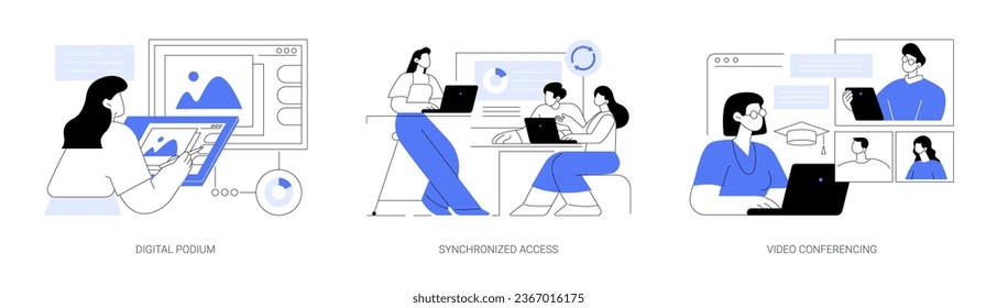 Modern technology in education isolated cartoon vector illustrations set. Digital podium in virtual class, data visualization, synchronized access to smart class, video conference vector cartoon.