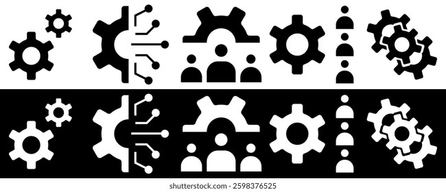 Modern Technology and Engineering Gear Icons. Digital Innovation and Automation Concepts. Vector illustration isolated on black and white background.