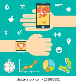 Modern technology equipment for monitoring the health. Smartphone, smartwatch. Blue background.Set of colored flat icons