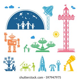 Modern technology era. Various situations of using technology for fun and education. Set of pictograms representing usage of technology in modern living. 
