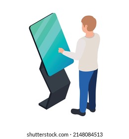 Modern technology exhibition icon with male visitor using interactive kiosk isometric vector illustration