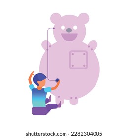 Tecnología moderna concepto de color plano con ilustración vectorial de osito de peluche y niño