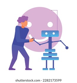 Concepto moderno de tecnología plana con humanos comunicándose con la linda ilustración vector robot