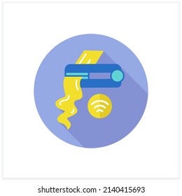 Modern technology flat icon. Touchless electronic device. Wireless controlling hair straightening iron. Contactless technology concept. Color vector illustration