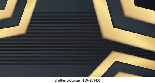 Moderna tecnología de color negro de fondo 3d con decoración de flecha y rayas de línea. Pancarta geométrica abstracta con formas de triángulo dorado. Lujo gris oscuro con oro. Fondo de la capa de material de papel dorado