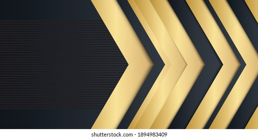Modern technology gold black 3d background with arrow and line stripe decoration. Abstract geometric banner with gold triangle shapes. Luxury dark grey with gold. Gold paper material layer background