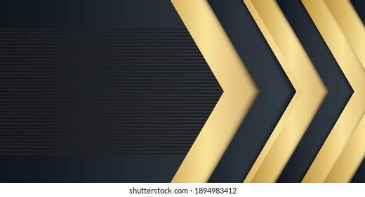 Modern technology gold black 3d background with arrow and line stripe decoration. Abstract geometric banner with gold triangle shapes. Luxury dark grey with gold. Gold paper material layer background