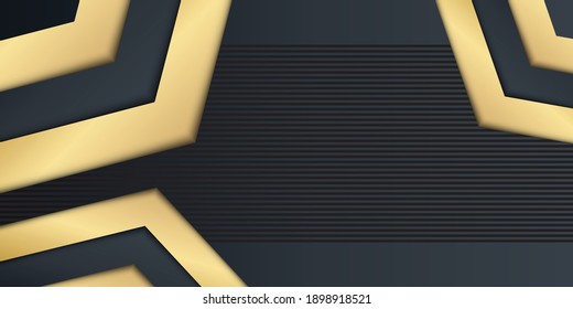 Moderne Technologie, goldener, schwarzer 3D-Hintergrund mit Pfeil- und Strippverzierungen. Abstrakter geometrischer Banner mit goldenen Dreiecksformen. Luxus dunkelgrau mit Gold. goldener Papiermaterial-Hintergrund