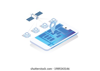 Modern Technology GPS navigation app concept in isometric vector illustration. Smartphone application for global positioning system. 