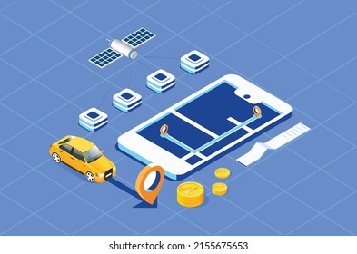 Modernes GPS Navigations-App-Konzept in isometrischer Vektorgrafik. Smartphone-Anwendung für globales Positionierungssystem.Geeignet für Diagramme, Infografiken und andere grafische Objekte