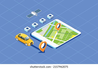 Modern Technology GPS navigation app concept in isometric vector illustration. Smartphone application for global positioning system.Suitable for Diagrams, Infographics, And Other Graphic asset