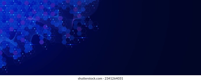 Modern technology with hexagon pattern, connecting dots and lines and wave flow. Global network connection and communication technology concept background. Vector illustration.