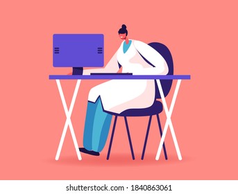 Modern Technology in Hospital, Doctor Character Using Computer to Read Report and Patient Health Information via Digital Smart Device Online. EHR, Electronic Health Record. Cartoon Vector Illustration